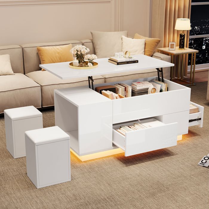 Table basse relevable avec 2 tiroirs - 100 x 50 x 40 cm - LEDs - Panneau de particules - Blanc | Leroy Merlin