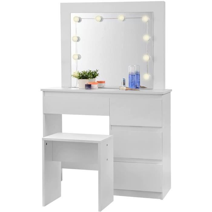 Table de coiffeuse maquillage blanc avec miroir éclairage LED