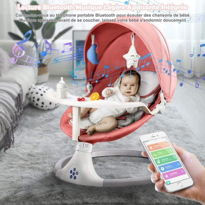 Balançoire électrique bébé, Transat musique bébé 0-12 mois, 5 vitesses de  swing, moustiquaire et table à manger amovible