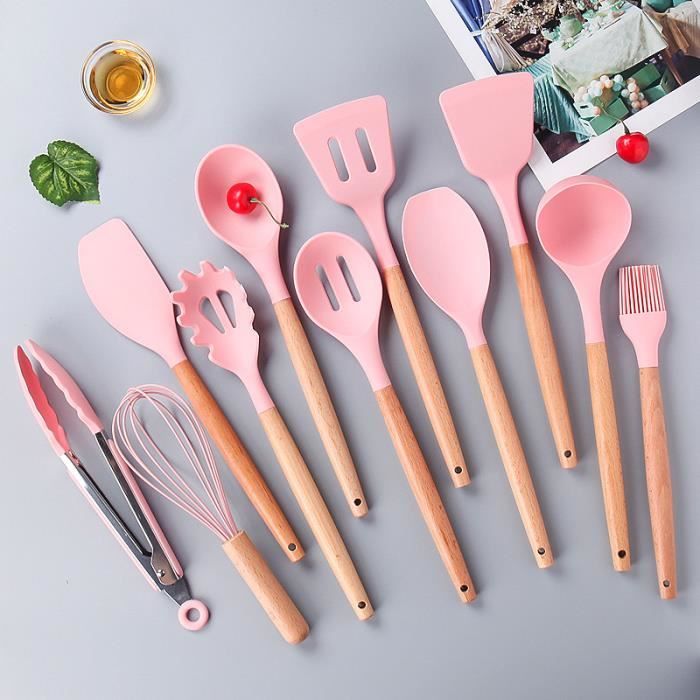 MTEVOTX Kit Ustensiles de Cuisine - Ensemble d'ustensiles de cuisine en  silicone- 12 pièces avec poignées en bois et support (rose) - Cdiscount  Maison