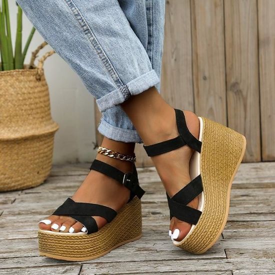 Sandales compensees pour femmes Marque Noir Plateforme 3 5cm Talon 5cm 8cm
