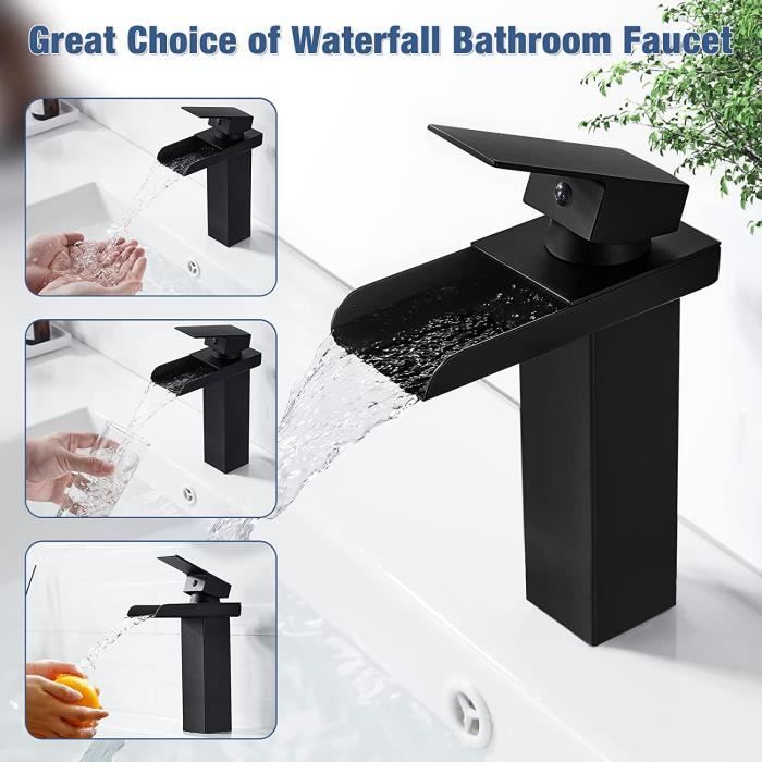 Robinet lavabo cascade noir confortable robinet salle de bain durable mitigeur  lavabo robuste en laiton+inox peinture noir - Cdiscount Bricolage
