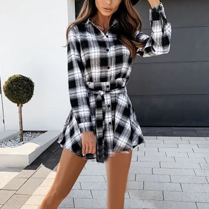 Robe chemise lastique sexy carreaux et col rabattu Blanc
