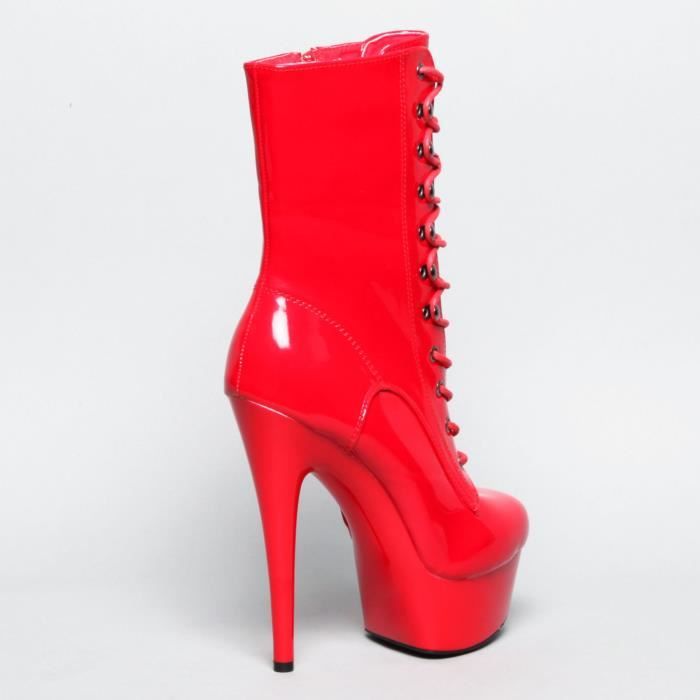 Bottine Plateforme Vinyle Rouge Femme Talon Aiguille Fermeture Eclair et Lacage Crochet