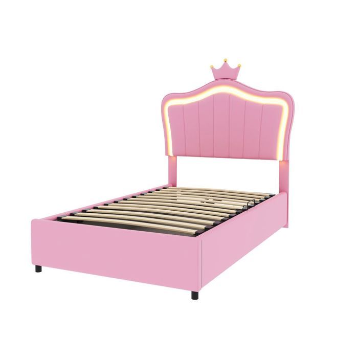 Lit coffre enfant 90×200cm, lit capitonné hydraulique, tête de lit en forme de couronne réglable, avec LED, sans matelas, MDF, blanc Lit coffre enfant 90×200cm, lit capitonné hydraulique, tête de lit en forme de couronne réglable, avec LED, sans matelas, MDF, blanc