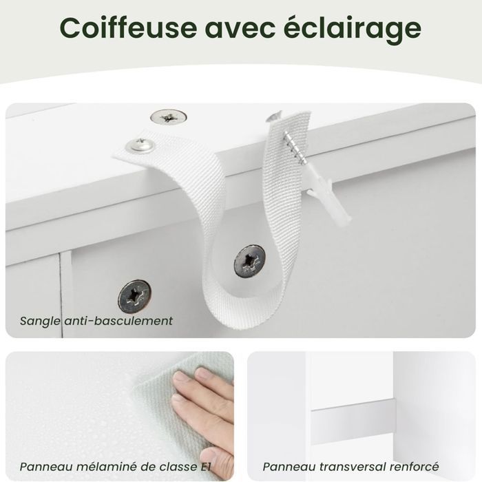 Coiffeuse Avec Miroir LED EUGAD - 2 Tiroirs Bois - 100x40cm - Blanc & Doré