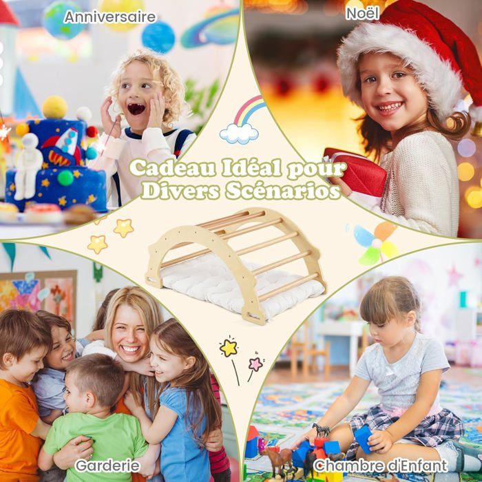 Arche Montessori Bébé COSYLAND – Structure D'Escalade En Bois Avec Coussin | 3 En 1 : Grimpe, Bascule, Tunnel | Développe La Motricité (1-6 Ans)