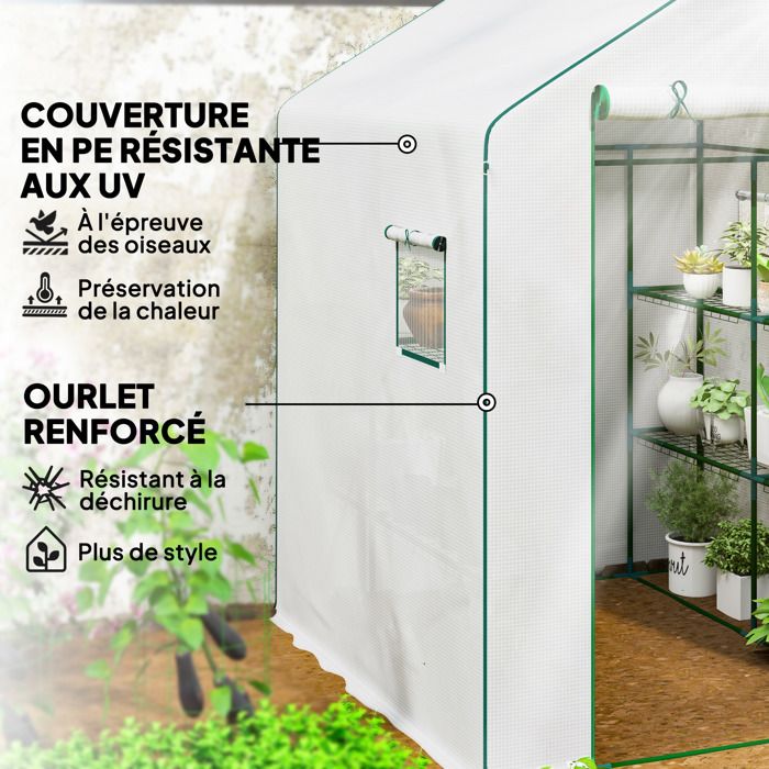 Serre De Jardin 120x186x190 Cm Avec Porte Zippée Et Étagères - Protection Intempéries Pour Fleurs, Légumes Et Herbes