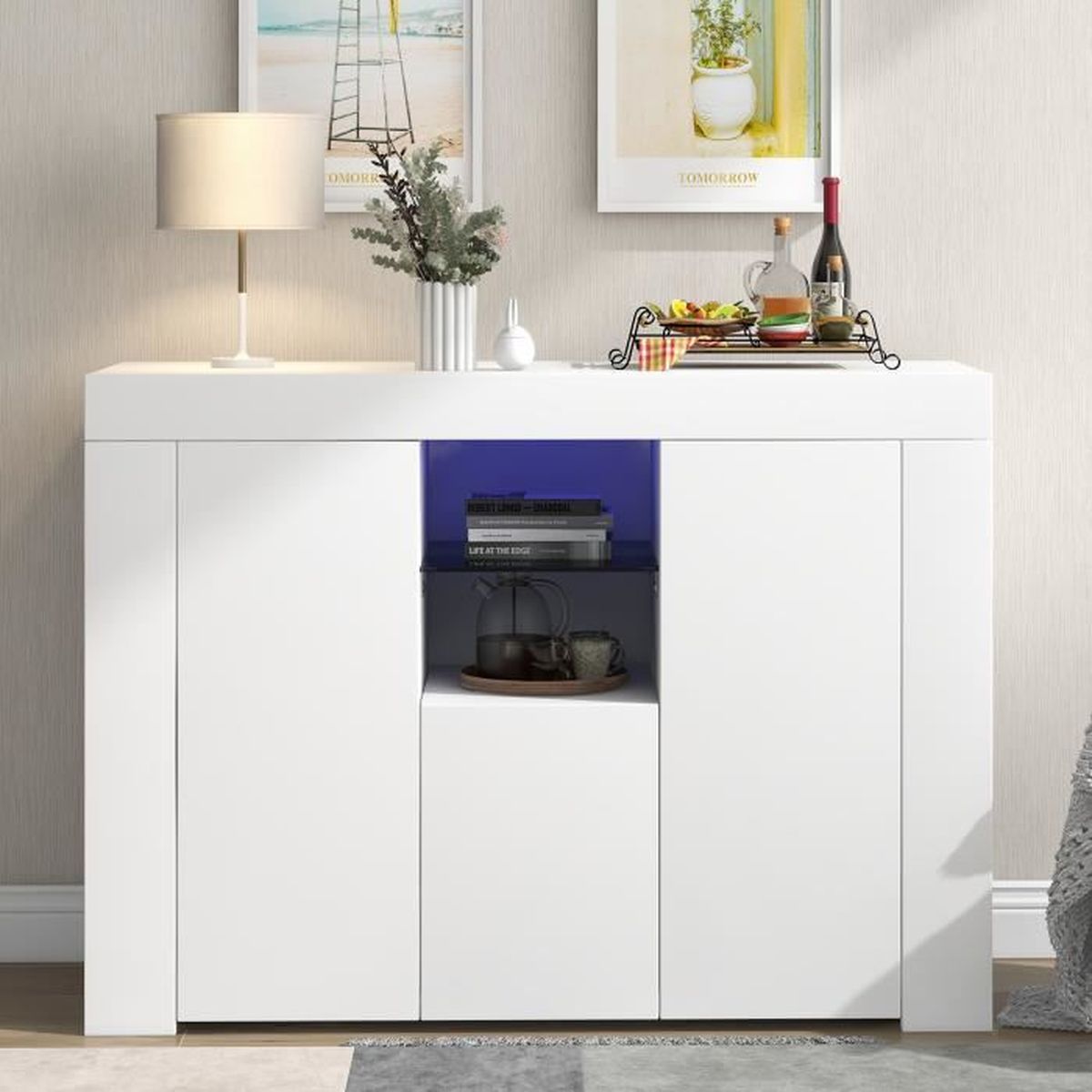 Buffet Bas LED Blanc Laqué Brillant,Armoire de Rangement pour Salon,Couloir ou Cuisine,Lumière