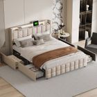 BLANKETSWARM Lit Capitonné 180x200 LED, Lit Double avec 4 tiroirs Lit Adulte avec USB Lit Rembourré en lin Lit Coffre Lit de rangement, Beige