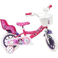Vélo enfant 12'' MINNIE / DISNEY (Taille de l'enfant < 95 cm) équipé de 1 Frein, panier avant, porte poupée et stabilisateurs.