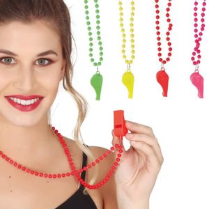 BIJOUX DÉGUISEMENT Collier perles fluo avec sifflet à roulette adulte