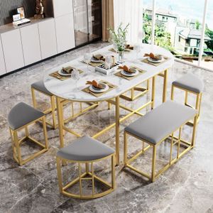 MERAX Ensemble de table à manger de cuisine moderne, Table dorée 120x70cm avec  4 chaises, chaises en lin gris foncé - Cdiscount Maison