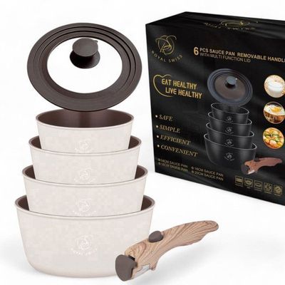 Set De Casseroles Royal Swiss 6 Pièces - Revêtement Marbre Antiadhésif - Induction Compatible - Poignées Amovibles