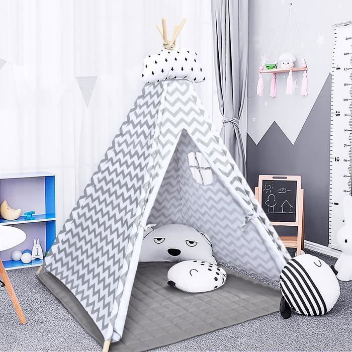 COSTWAY Tente Tipi de Jeu pour Enfants, Style d'Indien avec Tapis 160 x 120 x 120 cm,Sac de Transport, pour Intérieur et Extérieur