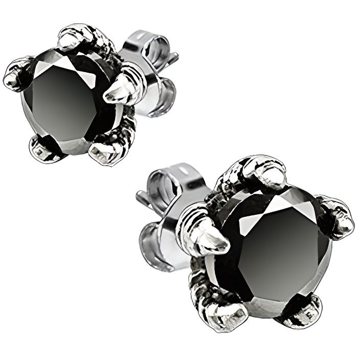Paire de boucles d'oreilles homme griffes d'aigle acier et pierre noir