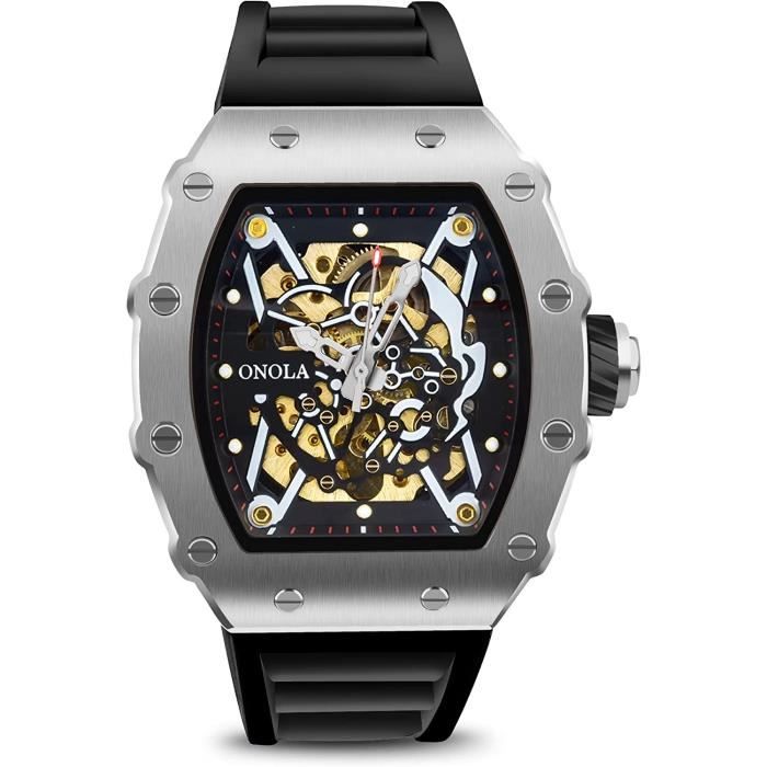 Montre Homme Automatique Montre de Luxe Etanche 30M Tonneau Squelette Carree Grand Cadran Sport Militaire Montre Casual Montr