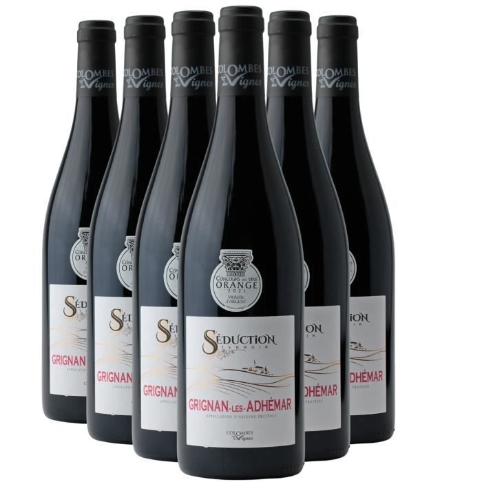 Grignan-les-Adhémar Séduction Terroir Rouge 2021 - Lot de 6x75cl - Colombes des Vignes - Vin AOC Rouge de la Vallée du Rhône