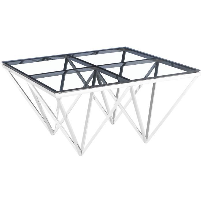 Table basse design carré en acier inoxydable poli argenté et plateau en verre trempé transparent L. 80 x P. 80 x H. 42 cm