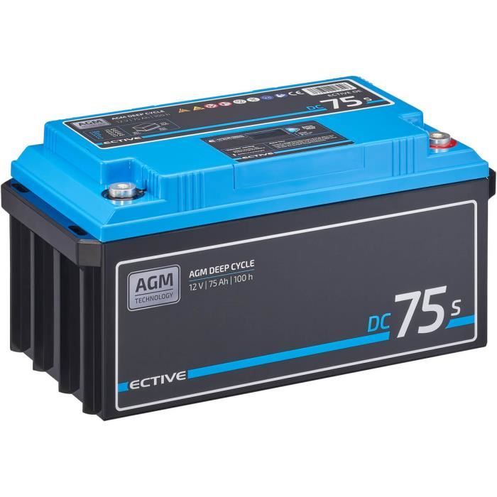 ECTIVE 12V 75Ah AGM batterie decharge lente Deep Cycle DC 75S avec écran LCD/ marine, moteur electrique bateau, camping ca