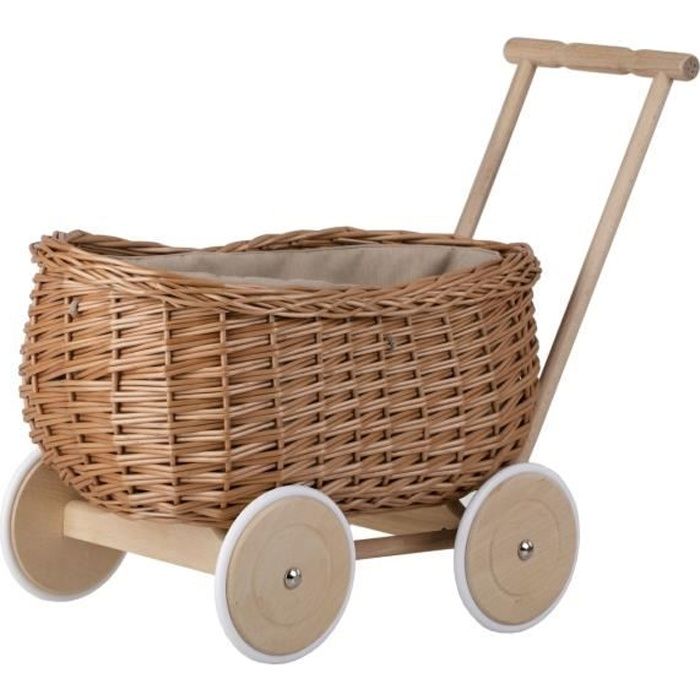 Jouet - chariot trotteur en osier naturel avec roues en bois