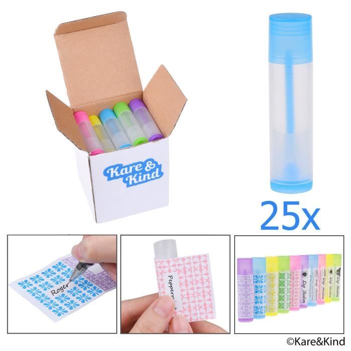 Tubes à baume à lèvres - 5x5 couleurs - Bricolage - Vide - 5,5 ml - 25 inscriptibles (5x5 couleurs) et 25 autocollants imprimés