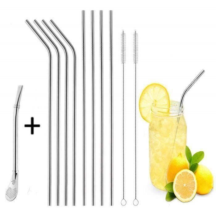 Pailles en Acier Inox 9pcs Pailles à Boire Réutilisables avec 1pcs Paille à Mojito en Métal et 2pcs Brosse Nettoyage SKB64