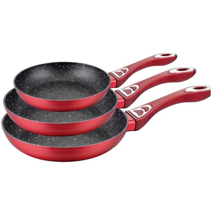 Lot de 3 Poêles Induction Compatibles avec Tous Feux de Cuisson 20 cm + 22 cm + 24 cm Rouge