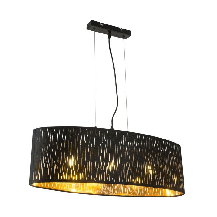 Suspension, noire, ovale, dorée, abat-jour en velours, TUXON