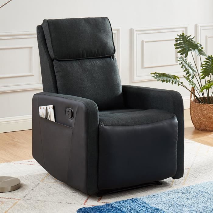Fauteuil relax manuel en tissu anthracite et simili cuir noir mat - Collection Côme