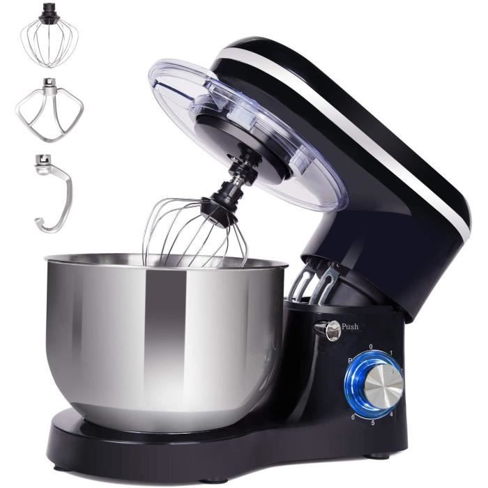 1500W Robot Pâtissier, Robot avec Kit pâtisserie (Fouet, Batteur, Crochet),Bol en Acier Inoxydable de 5L, 6 Vitesses avec Pulse,Noir