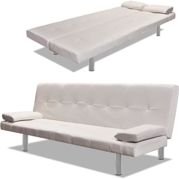 Canapé-lit réglable avec 2 oreillers Cuir synthétique réversible convertible Blanc