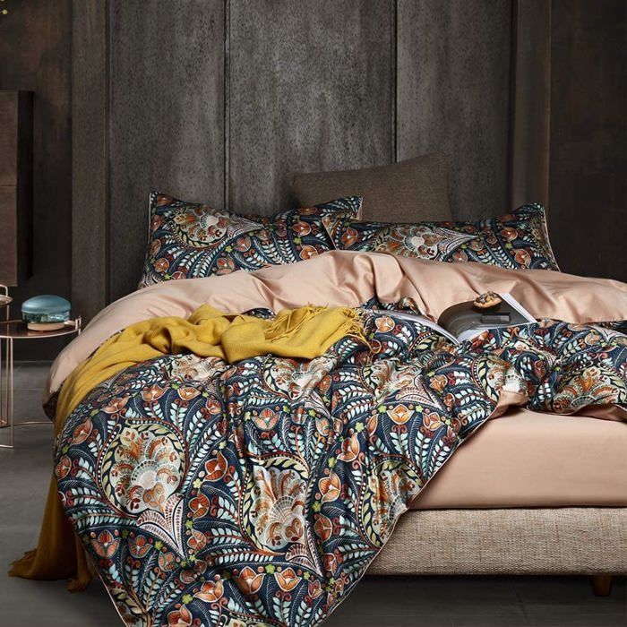 Housse De Couette Microfibre Motif Feuilles D'automne Citrouille - Gris Foncé - Tailles 140x200 à 260x240 Cm + Taies