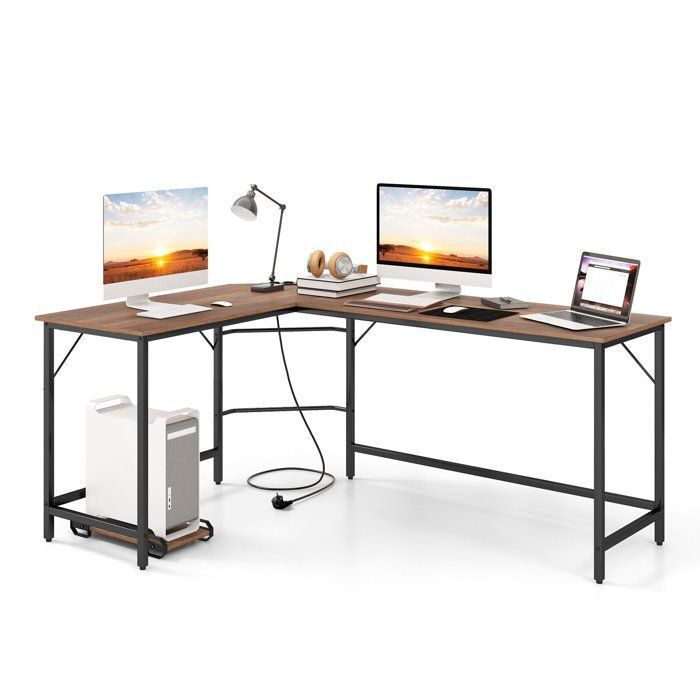 COSTWAY Bureau d’Angle de 168 x 125cm avec Support UC 2 Prises Électriques et Port USB & Type C Cadre en Métal Robuste Naturel