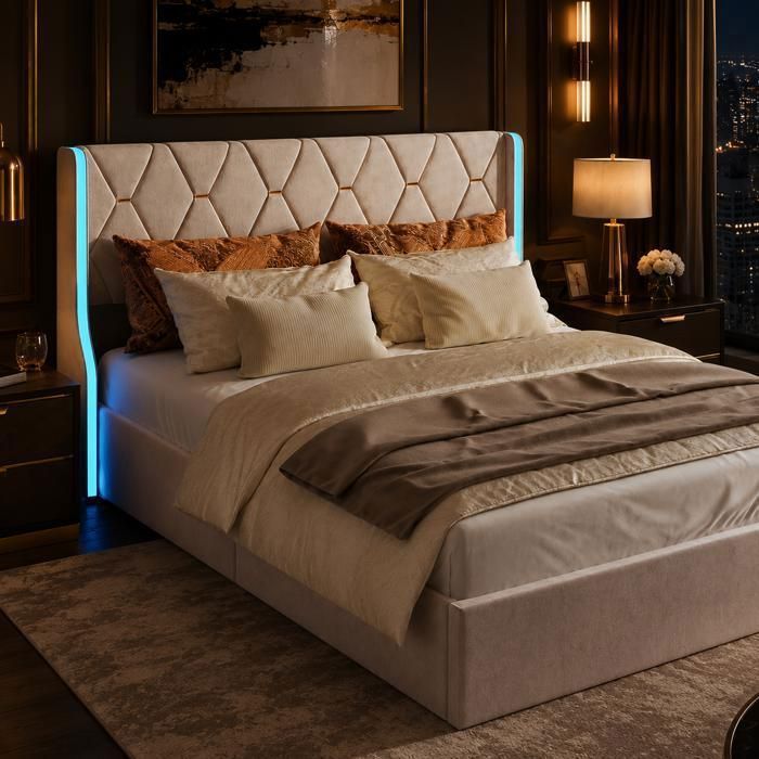 Lit double coffre 160 x 200 cm beige en velourspour ados et adultesavec rangement hydrauliqueéclairage LED et sommier à lattes