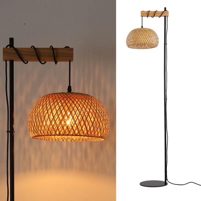 Lampadaire - ALPINALUZ - Ylva - Métal bois et osier - Culot E27 40W - Interrupteur au pied