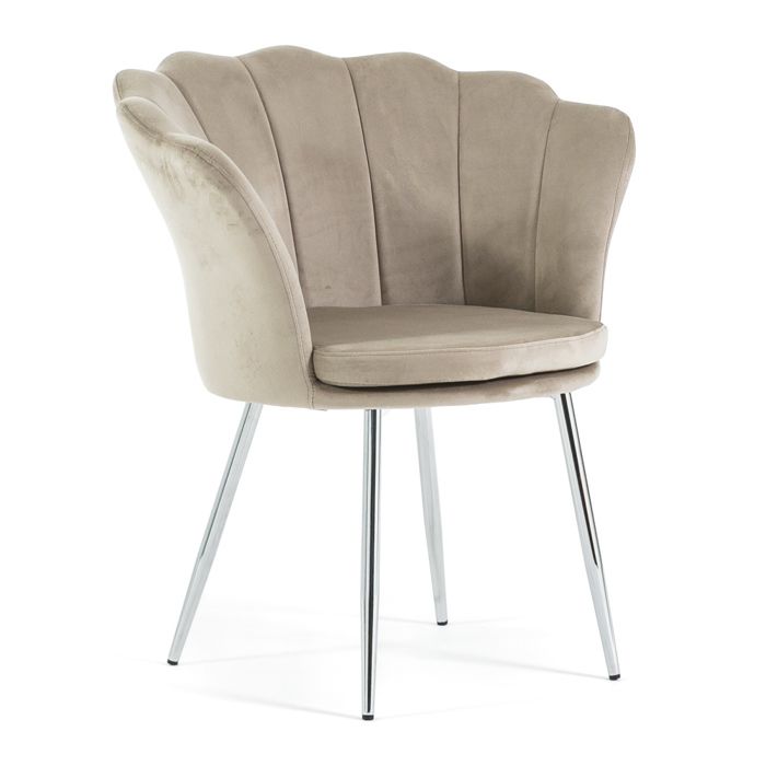 Fauteuil SHELLY en velours avec un design à pétales unique et élégant pieds en métal por une touche de luxe.(Beige/Argent)