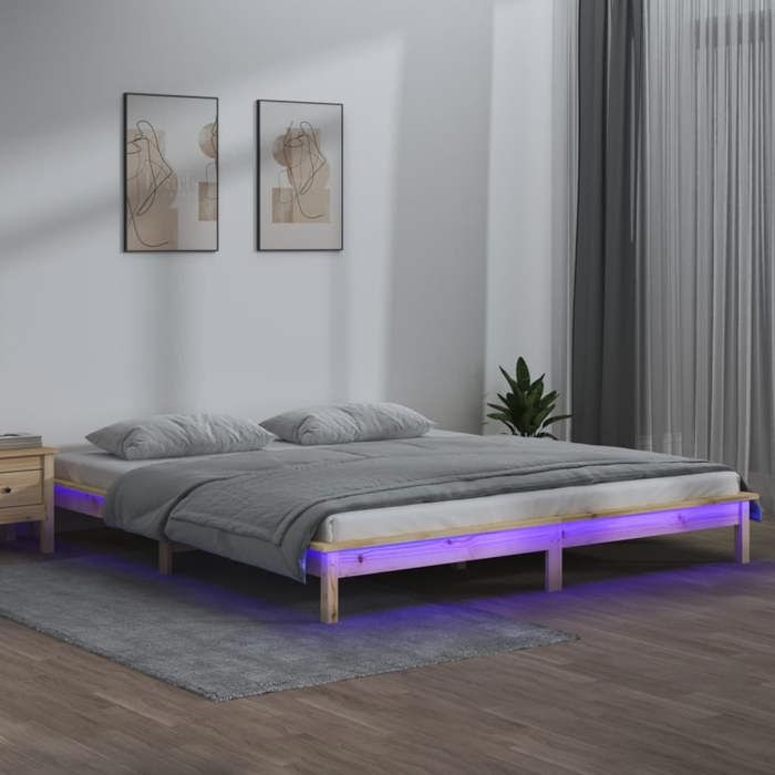Lit double bois - Cadre de lit - 2 personnes Classique - à LED - sans matelas 140x200cm bois massif @SARA54189