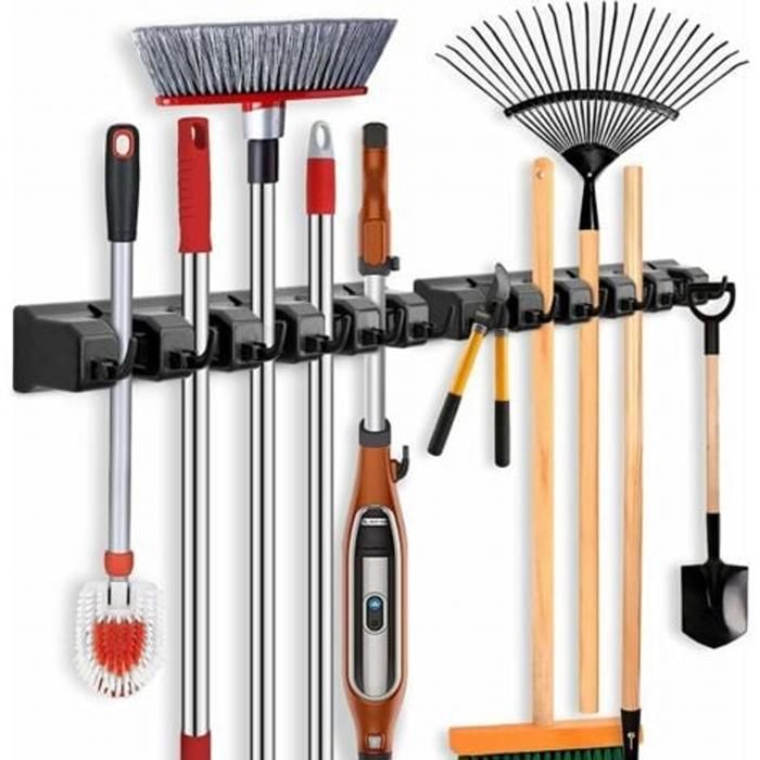 Set de 2 étagères à balai Équipement Étagère murale avec 5 supports et 6 crochets pour la maison cuisine salle à manger