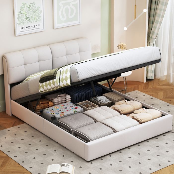 Lit coffre 140x200 cm - ADWOLT - LED - Velours beige - Rangement intégré - Design moderne
