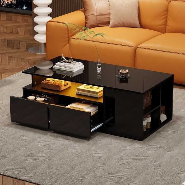 Table basse noire avec éclairage LED - 2 tiroirs capacité 60 kg et rangement spacieux - Fonctionnelle pour salon moderne