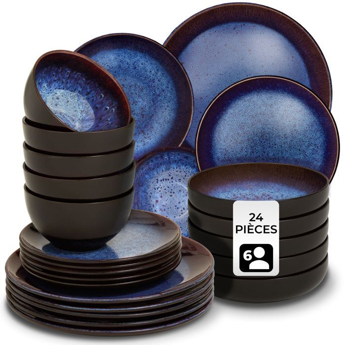 Service - TECTAKE - Set de vaisselle MARE 24 pièces en faïence émaillée 6 personnes fait main compatible lave-vaisselle - Bleu/Brun