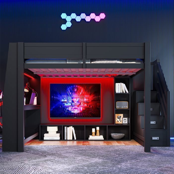 Lit mezzanine adulte 140x200cm avec bureau lit superposé en bois avec éclairage LED escalier rangement et armoires intégrées Lit mezzanine adulte 140x200cm avec bureau lit superposé en bois avec éclairage LED escalier rangement et armoires intégrées