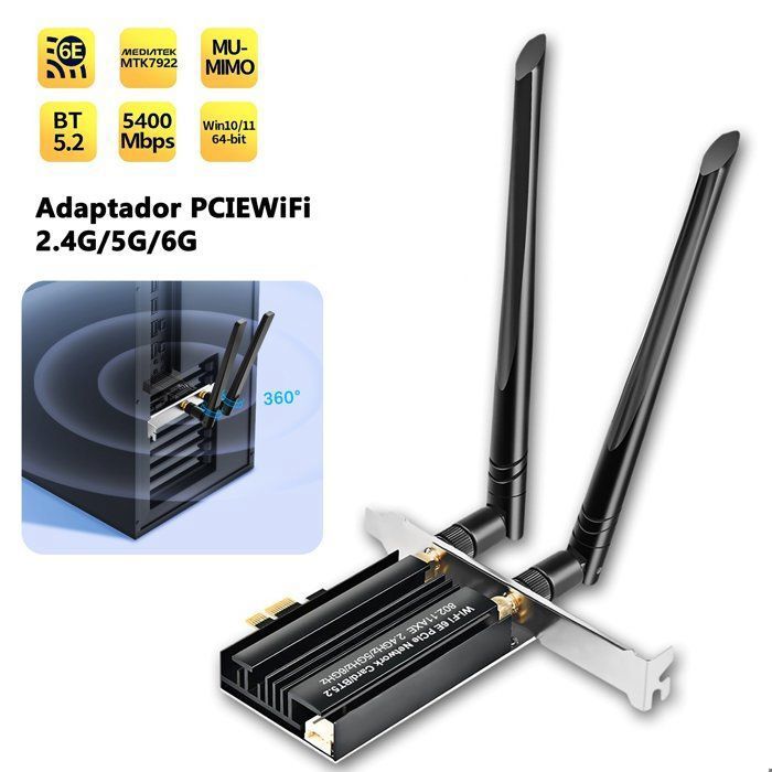 CARTE RESEAU SANS FIL 5400 Mbps Bluetooth 5.2 WiFi 6E Puissante avec 24/5/6GHz Pilote intégrék Antennes 2 * 5dBi