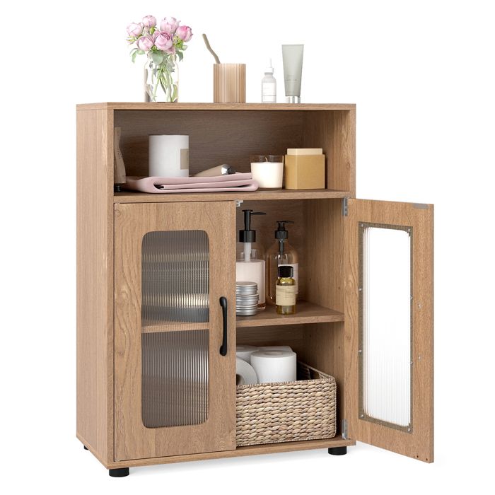 COSTWAY Colonne Salle de Bain avec 2 Portes Vitrées Compartiment Ouvert Étagère Réglable pour Cuisine Salon 60x30x83cm Naturel