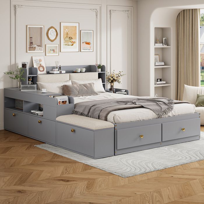 Lit combiné 140×200 en bois massif gris avec tiroirs et rangements – sommier inclus sans matelas