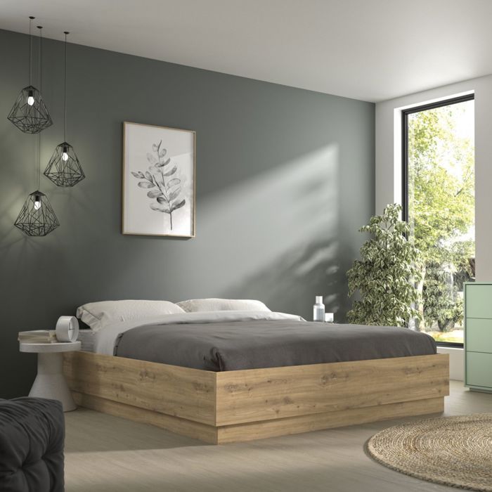 Lit coffre en bois décor chêne 160x200 cm Terre de Nuit Teddy