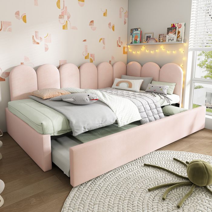 Lit banquette - KOMHTOM - Design Grille Enfantin - 90x200 cm - Lit gigogne 90x190 cm - Velours rose Lit banquette - KOMHTOM - Design Grille Enfantin - 90x200 cm - Lit gigogne 90x190 cm - Velours rose