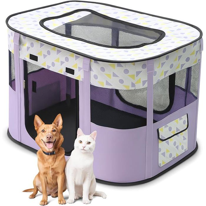 Parc Chien Pliable XXL – Tente Respirante Points Violets – Enclos Portable pour Chat Lapin – Sac de Transport Fourni – CLAPIER