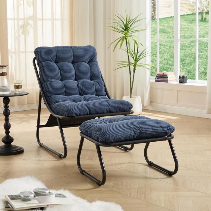 Fauteuil à Bascule avec Repose-pieds - BELLEMAVE - Fauteuil Relax - Velours Côtelé Rayé - Pour Intérieure et Extérieure -Bleu Marine